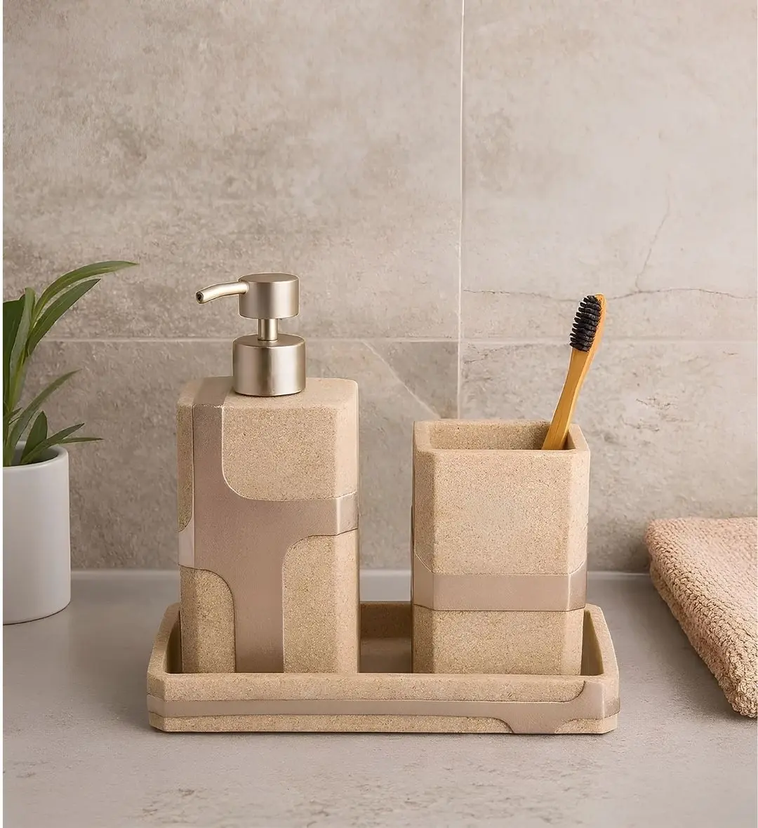 Bath Set 3pcs | Soap Dispenser, Toothbrush Holder & Tray – 4613 (Soap Dispenser: 8.2 × × 6.1 × × 19.1cm (230 ml); Tooth...